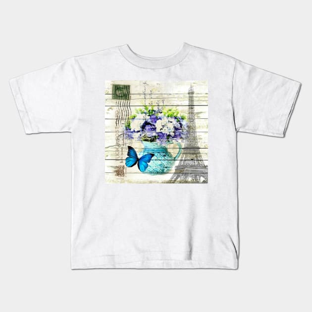 shabby chic blue butterfly flowers vintage paris eiffel tower Kids T-Shirt by Tina